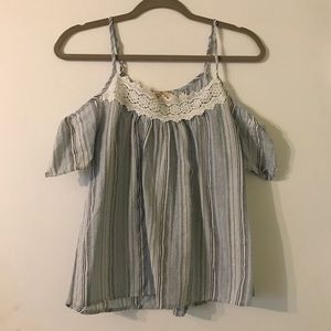 Blue and White Striped Lace Off the Shoulder Top
